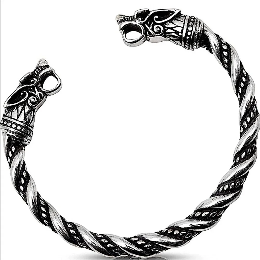 STERLING SILVER VIKING WOLF BRACELET SILVER ARM BAND CUFF BANGLE